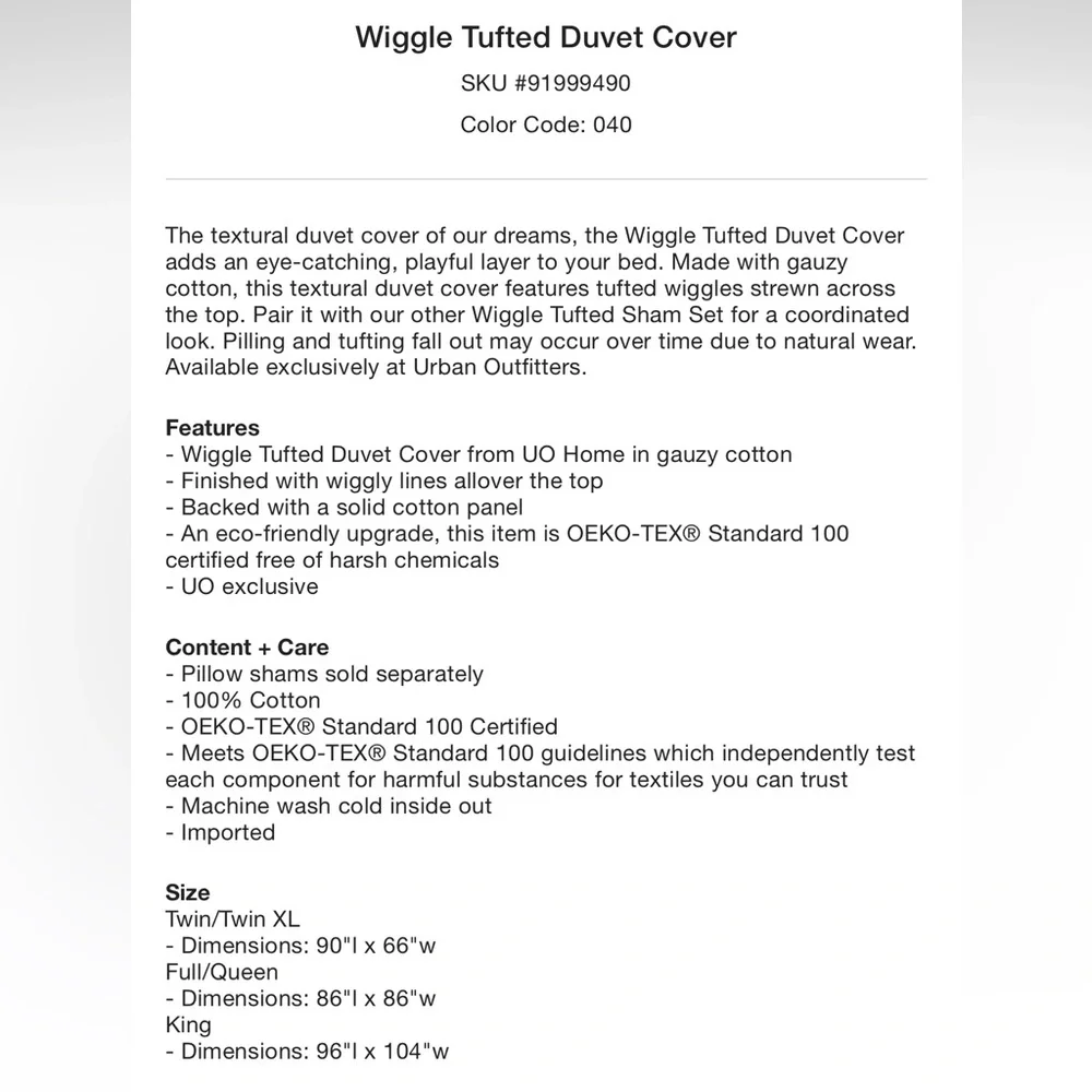 ✨NWT URBAN OUTFITTERS WIGGLE TUFTED DUVET COVER✨